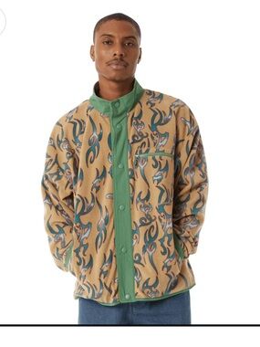 EUC HUF Tan Fleece Jacket with Green Trim and Blue Tribal Graphic XL unisex